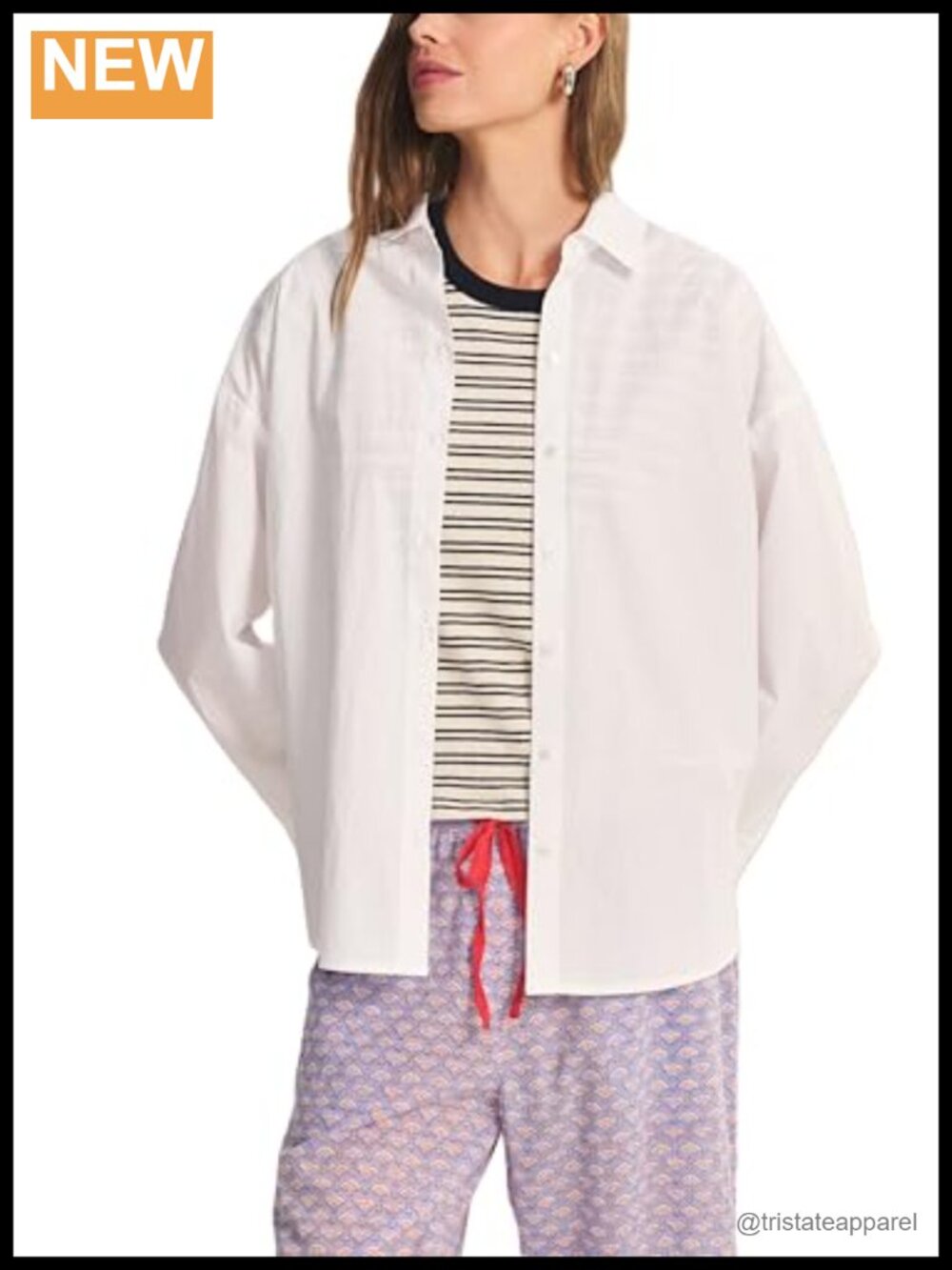 Cotton Stripe Rib Poplin Long Sleeve Button Down Blouse